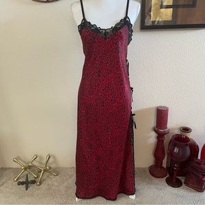 Satin Burgundy Black Lace Vtg Maxi Long Nightgown Slip Dress Chemise Lingerie